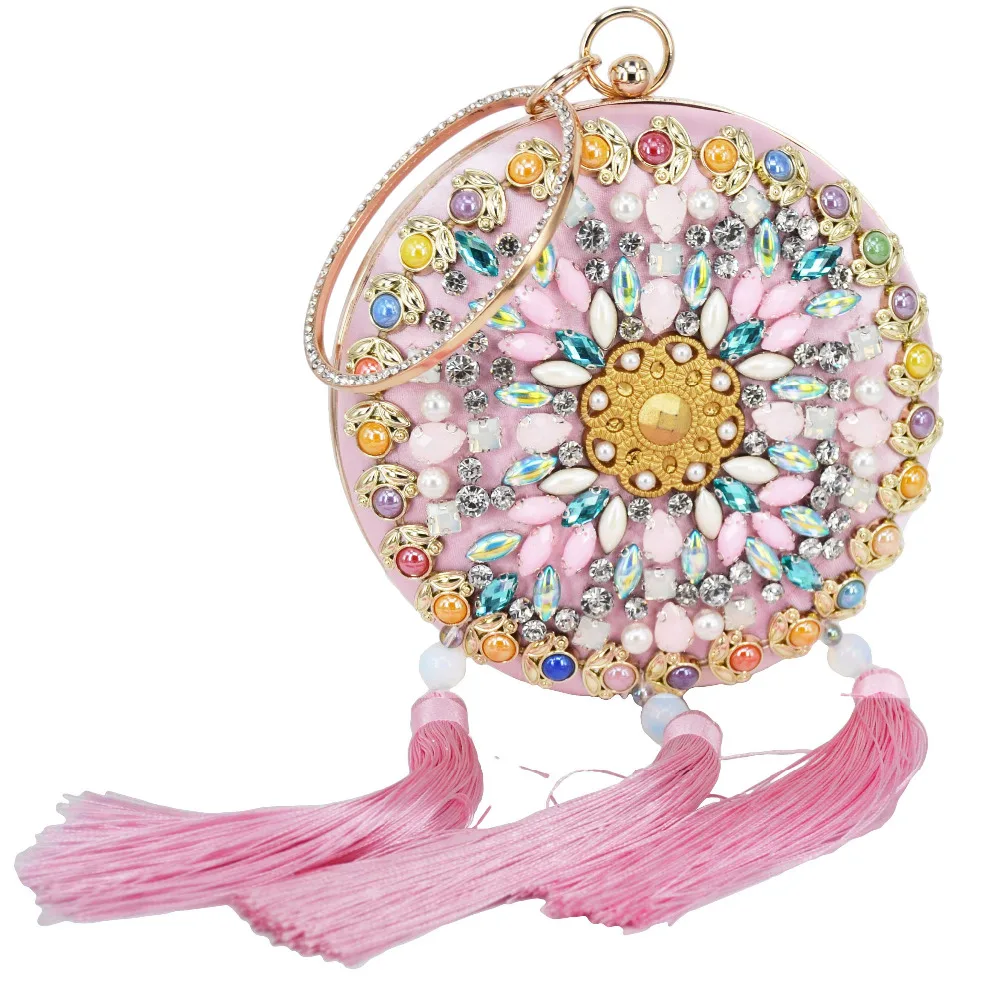 

Fashion Newest Round Blue Luxury Bead Clutch Evening Bag tassel Wristlets bag Pink White Clutch Party Purse Wedding banquet Bag