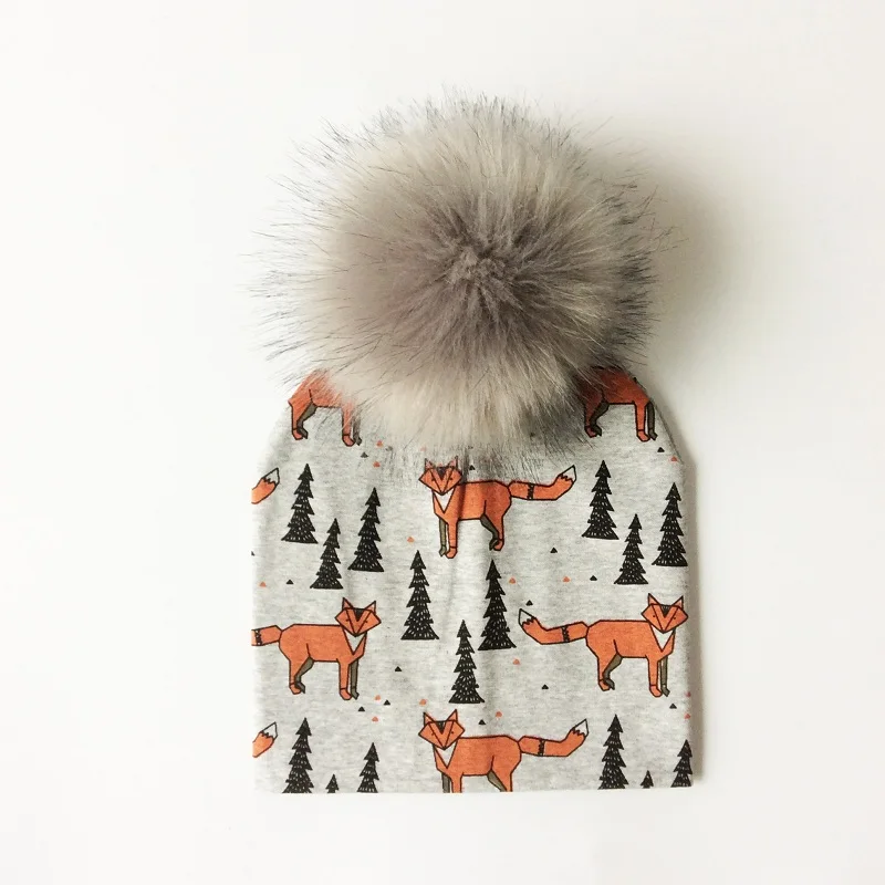 Gorro con pompón de algodón para niño y niña, gorro con estampado de dibujos animados, para Otoño e Invierno