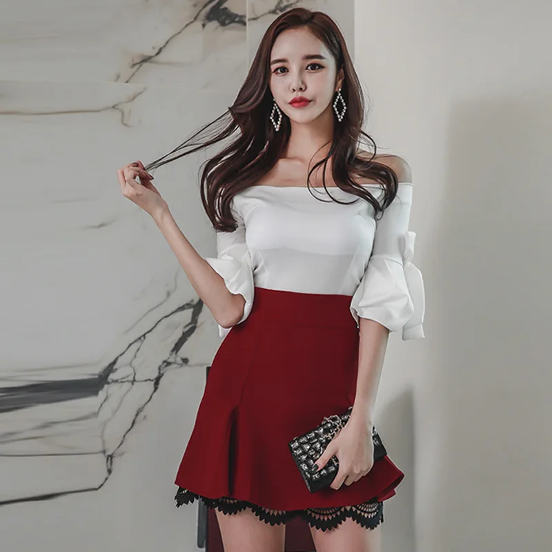 2 Piece Set Women Suit OL Set 2022 White Half Sleeve Slash Neck Blouse Shirt Tops and Mini Red Skirts Business Two Piece Set