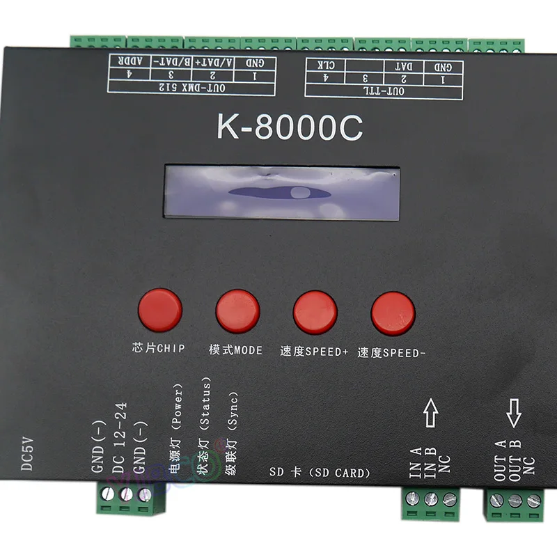 K-8000C programmabile DMX/SPI SD card HA CONDOTTO il regolatore pixel off-line; DC5-24V per RGB di colore completo led pixel luce di striscia