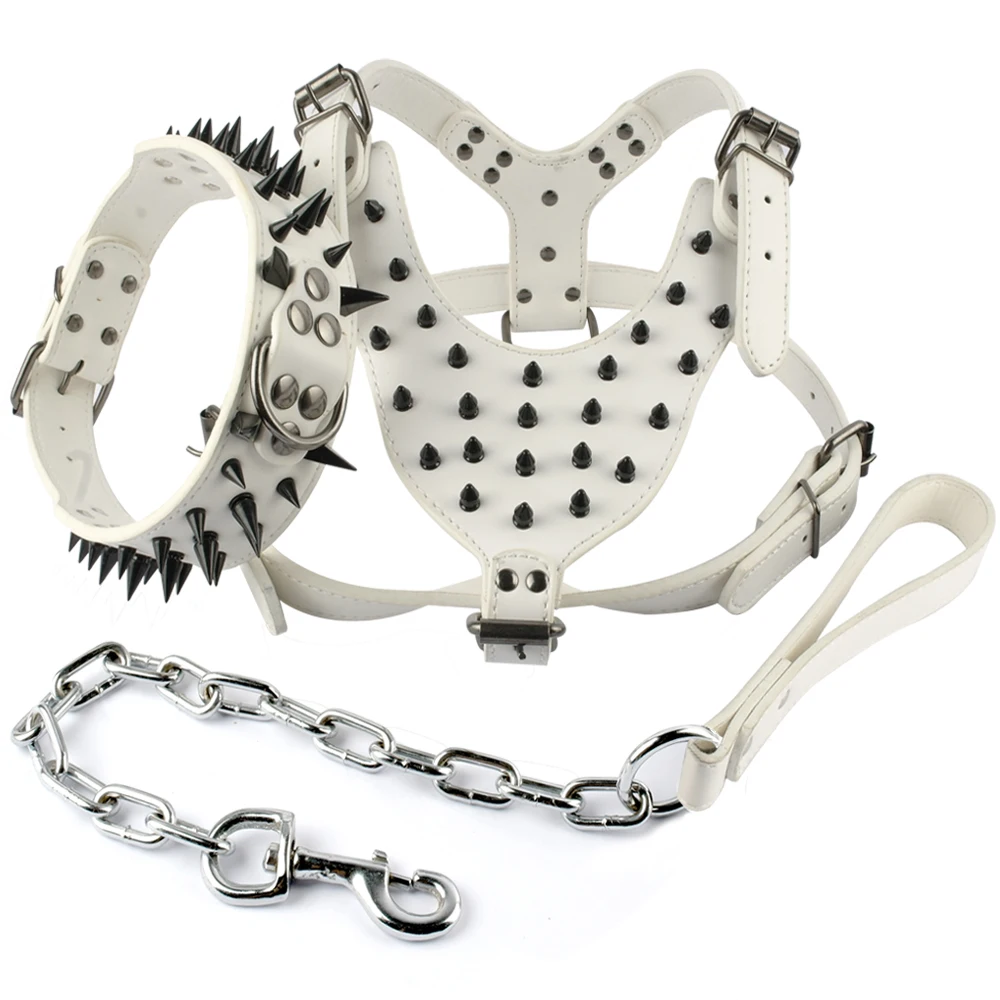 Cool Spiked Studded Leather Dog Harness Rivets Collar and Leash Set For Medium Large Dogs Pitbull Bulldog Bull Terrier  26\