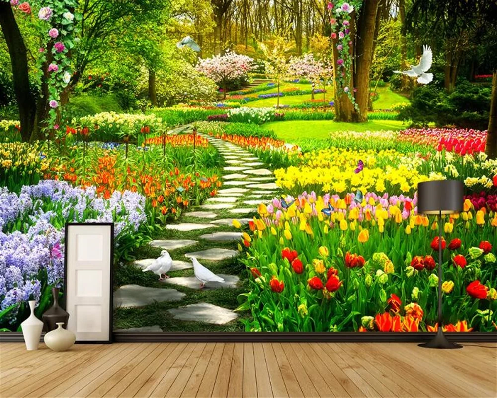 

Beibehang wallpaper for living room Silk cloth wallpaper Garden Park Trail Butterfly Nature Landscape TV backdrop 3d wallpaper