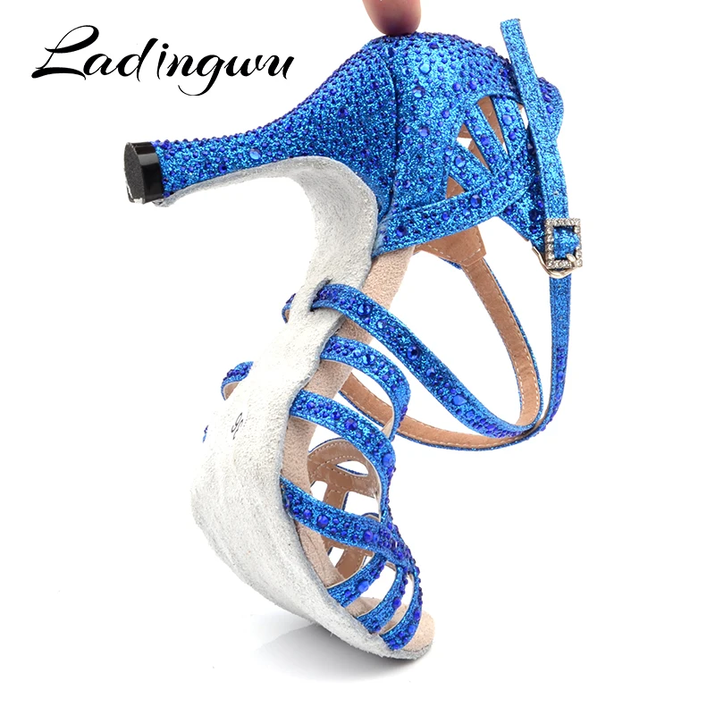 Ladingwu tênis sapatos de dança azul dourado glitter completo strass sapatos de dança latina salsa sapatos de salão dança fundo macio