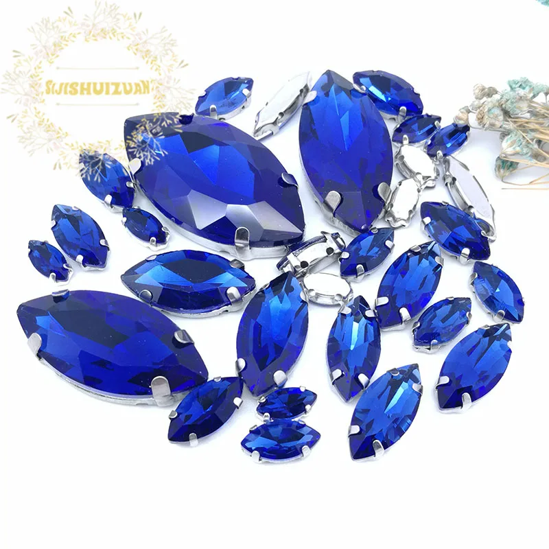 30PCS Sapphire blue  Mix Horse Eye Shape Size Glass Crystal Sew on Rhinestones With Silvery Claw Diy Wedding Dress Decoration