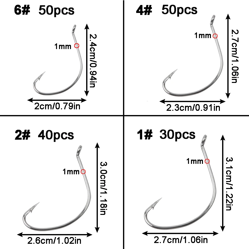 Shaddock 180Pcs Fishing Hooks Wacky Weedless Worm Fishing Hooks Octopus Offset Sport Circle Hook 6# 4# 2# 1# 1/0 2/0 3/0