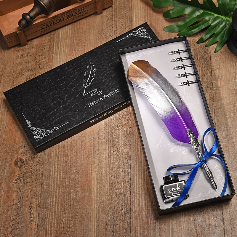 European Style Dip Water Feather Pen Gift Box Set Student Writing Tools Retro Feather Fountai Pen Creative Birthday Gift 5 Nib