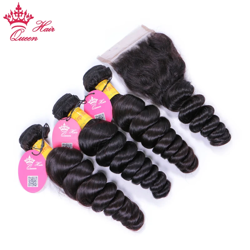 Queen Hair Products Peruvian Loose Wave Raw Hair Bundles With Closure Natural Color Bundles Virgin Human Hair with Lace Closure