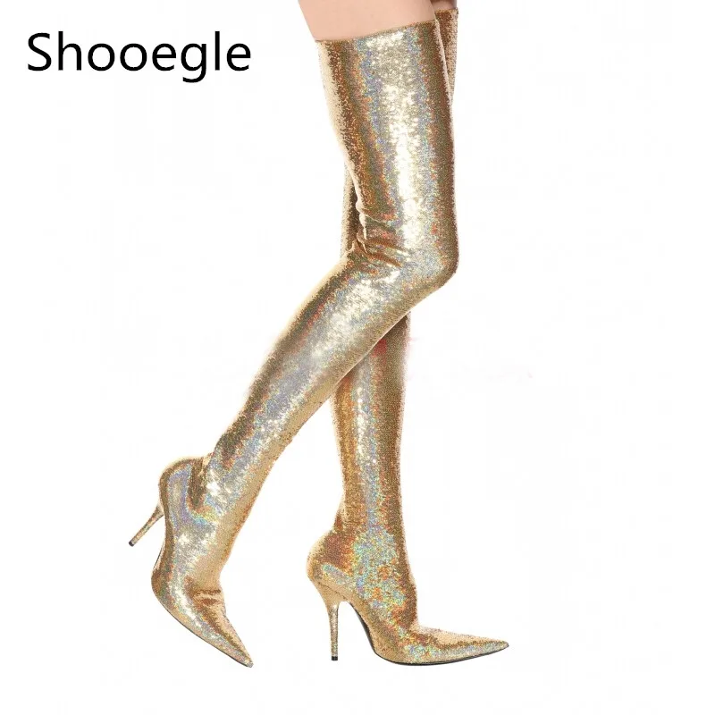 

Sexy Bling Glitter Fetish Pointed Toe Slip On Over The Knee Sequined Cloth Women Boots Fashion Dress Thigh High Booties Ladies