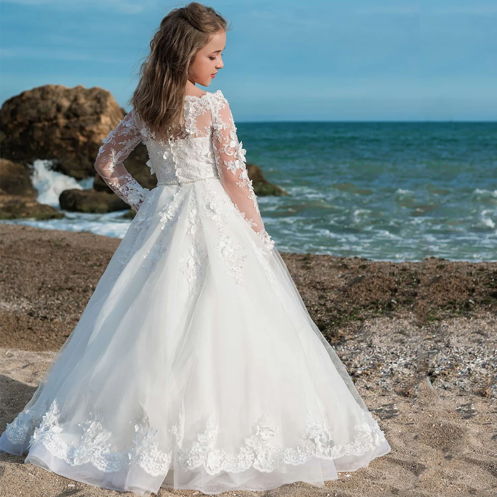 Robe de Princesse à Fleurs pour Fille, Tenue de Première Communion, à Manches sulf, avec Ceinture en Perles, Nouvelle Collection