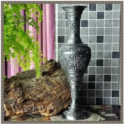 

European Large Retro Engraved Metal Tabletop Vases, Decorative Vase for Artificial Flower, HP008, H37cm