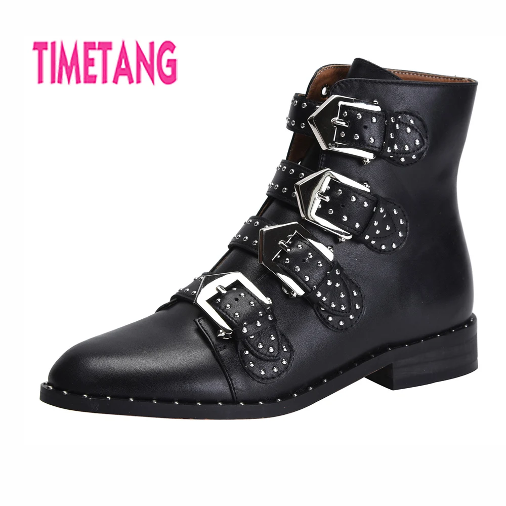 

TIMETANG Woman Shoes Genuine Leather Cool Punk Rivets Flat Heel Women Ankle Boots Buckles Motorcyle/Riding/Martin Boot Size34-44