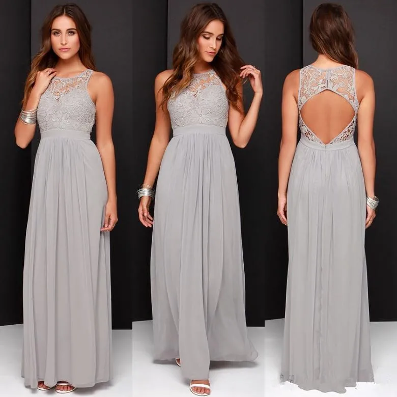 

Backless Bridesmaid Dresses For Women A-line Chiffon Lace Silver Long Cheap Under 50 Wedding Party Dresses