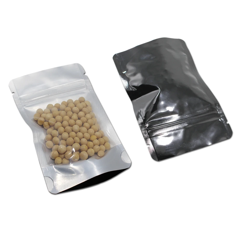 50Pcs Clear Black Stand Up Pure Aluminum Foil Zipper Packaging Bag Plastic Mylar Heat Seal Food Tea Stroage Ziplock Pack Pouches