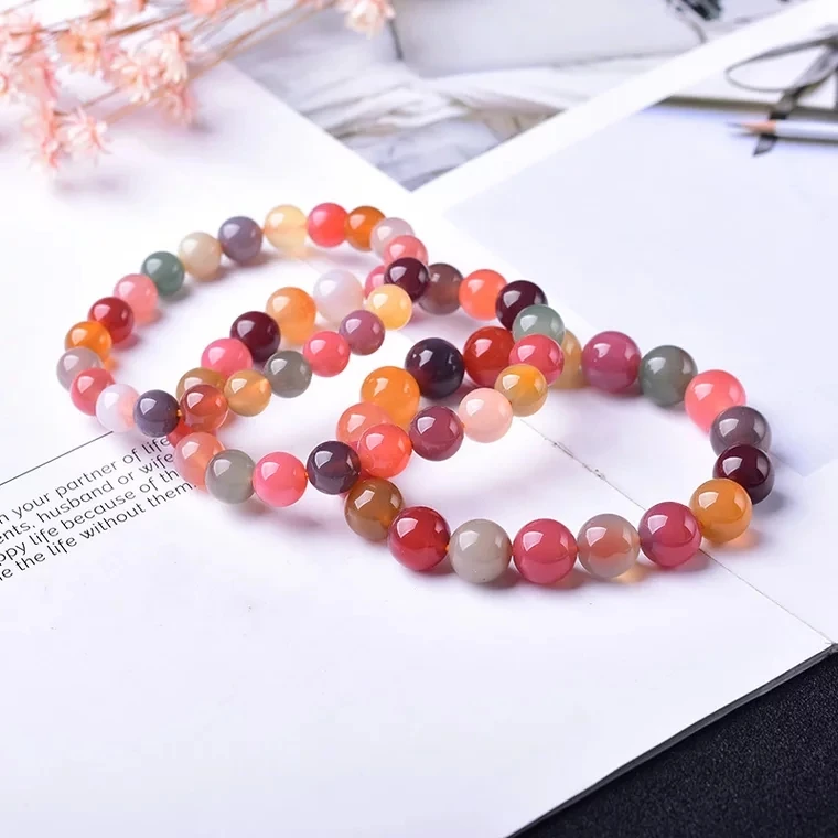 Top Natural Colorful Salt Yanyuan Agate Red Round Beads Woman Man Bracelet 7mm 8mm 9mm 10mm 11mm 12mm 13mm Crystal Bracelet AAAA