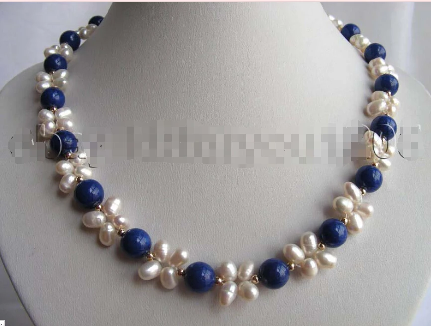 

18" Handwork Natural Freshwater White Pearl Lapis Lazuli Necklace Bracelet