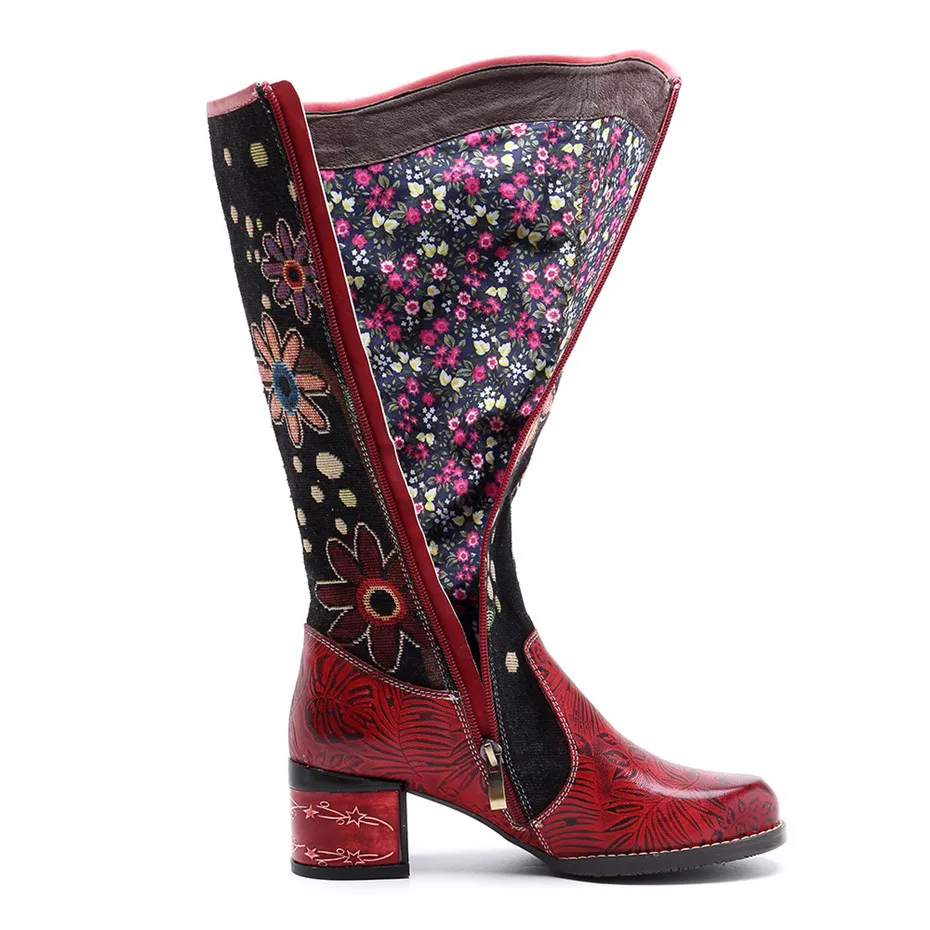 Fashion Patchwork Western Cowboy Boots Women Shoes Bohemian Genuine Leather Shoes Woman Vintage Side Zip Knee High Riding Boots