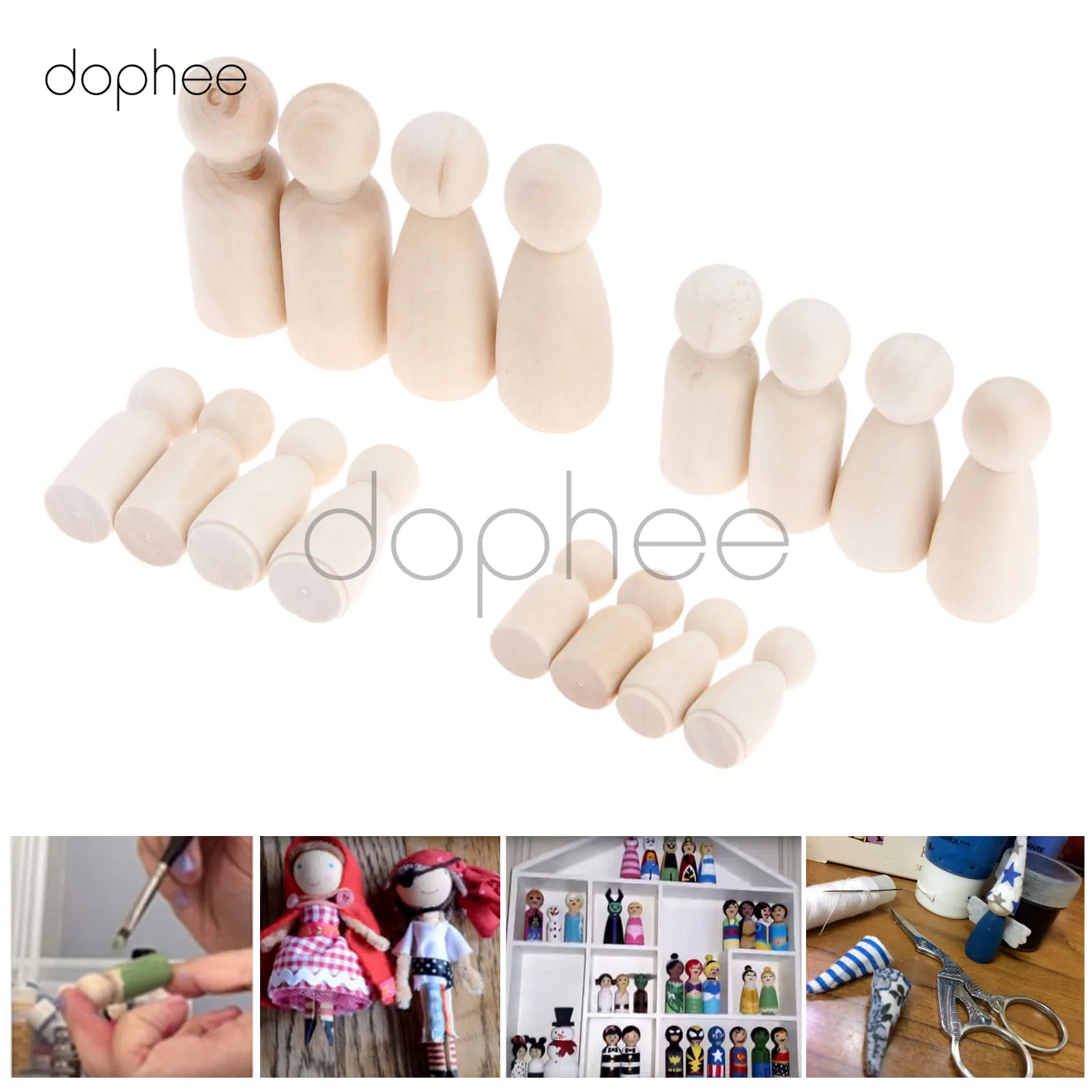 dophee 16pcs Mixed 35/43/55/65mm Wooden Peg Dolls Unpainted Figures Hard Wood Dolls Kid's Printed Baby Souvenirs DIY Crafts