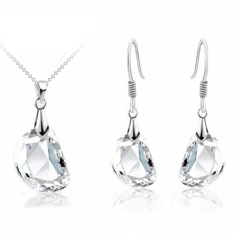 Factory Price 925 Sterling Silver Pendants&Necklaces Drop Earrings Clear Crystals Jewelry Set For Women Party Accessory