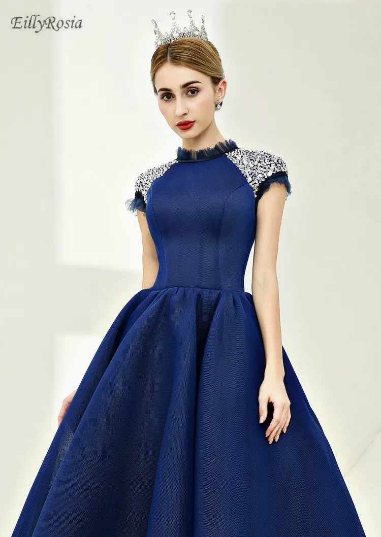 Vintage Dark Blue Prom Dresses for Party High Neck Crystals Beading Special Occasion Formal Dress Women Elegant robe de soire