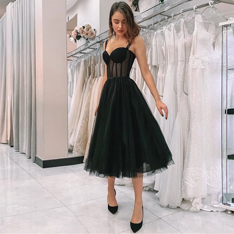 New Arrival Illusion Black Prom Dress Spaghetti Strap Polka Dot Tulle Tea Length Formal Party Gowns Short Vestido De Festa 2021