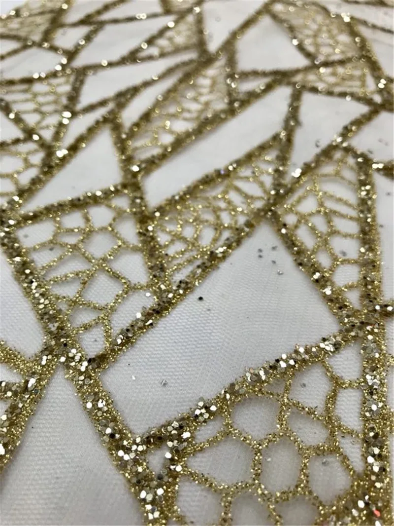 

New design glued glitter lace fabric H-80405 African French net tulle Lace Fabric for wedding party dress in gold color