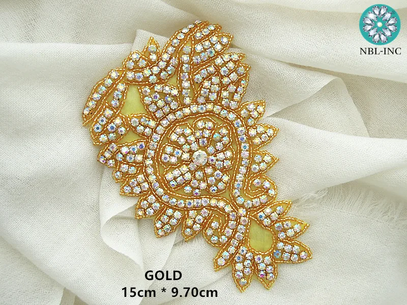 

(30pcs) Hand beaded AB Rhinestone applique patch gold crystal applique iron on for wedding dresses WDD0956