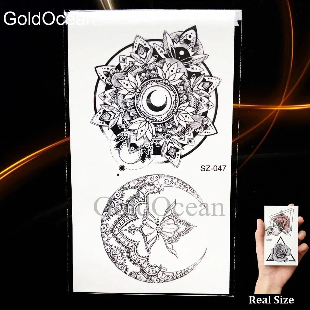 Black Temporary Tattoo Stickers Men Cool Triangle Tiger Lion Water Transfer Tatoo Women Body Arm Henna Moon Fake Tattoo Supplies