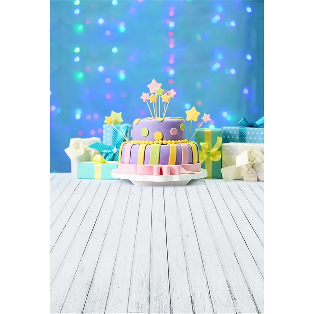 

Happy Birthday Backdrop Blue Wall Bokeh Polka Dots Glitters Printed Cake Stars Gift Boxes Baby Kids Photo Backgrounds Wood Floor