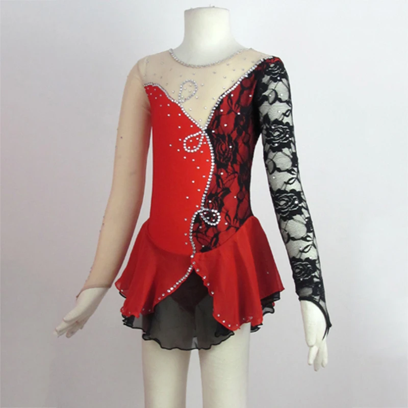 

Customized Figure Skating Dress Black and Red Sexy Lace Competition Skating Dress Women Ice Dress Girls Skating Clothing Custom