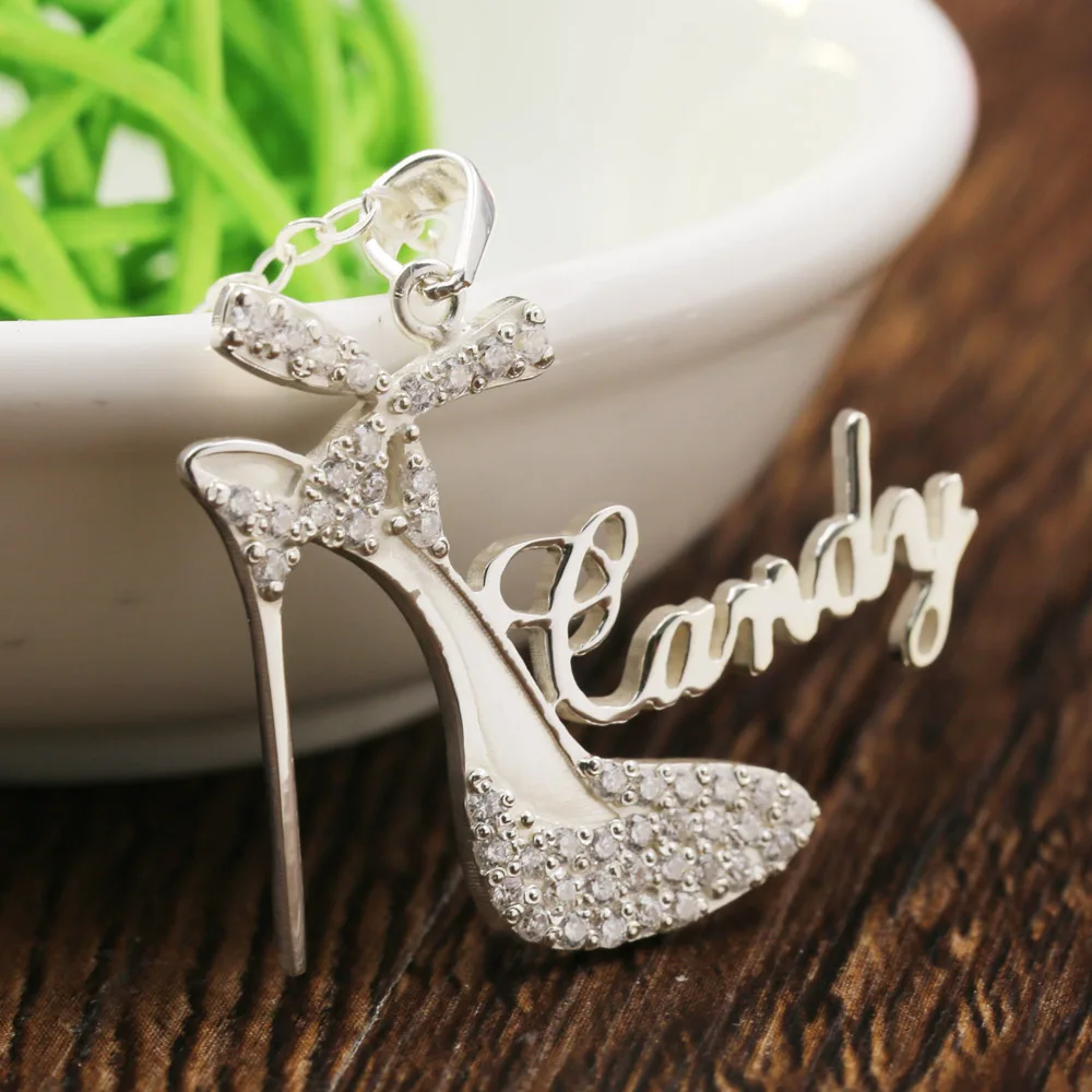 Crystal Decorated High-Heeled Shoes Pendent Necklace Customized Name Solid Silver Women Necklace