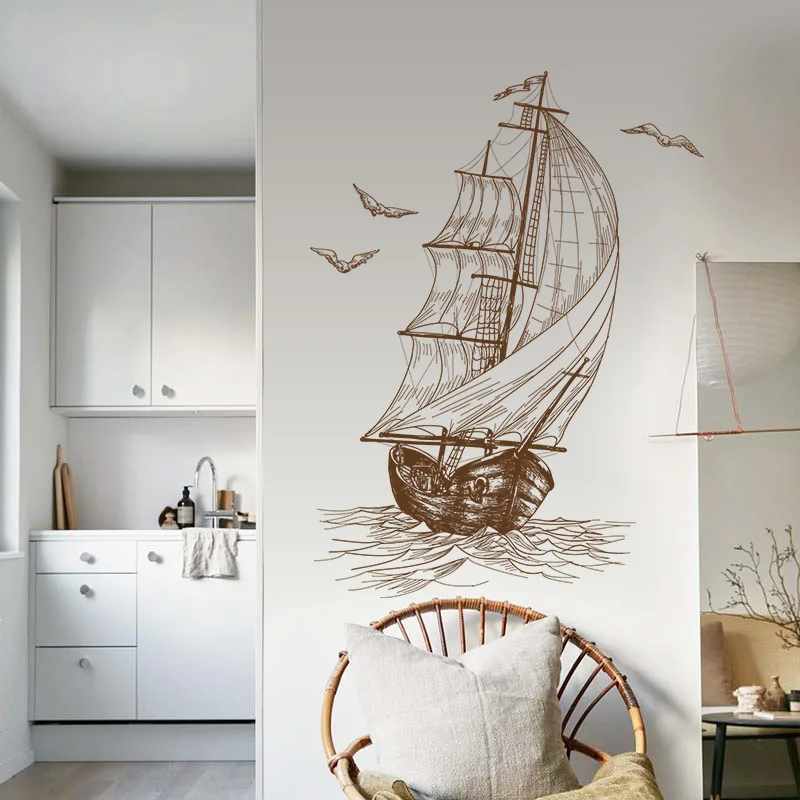 Retro Style Sailing Wall Sticker Bedroom Backdrop Decor Decals For Home Decoration Living Room Wallpaper Self-adhesive Poster