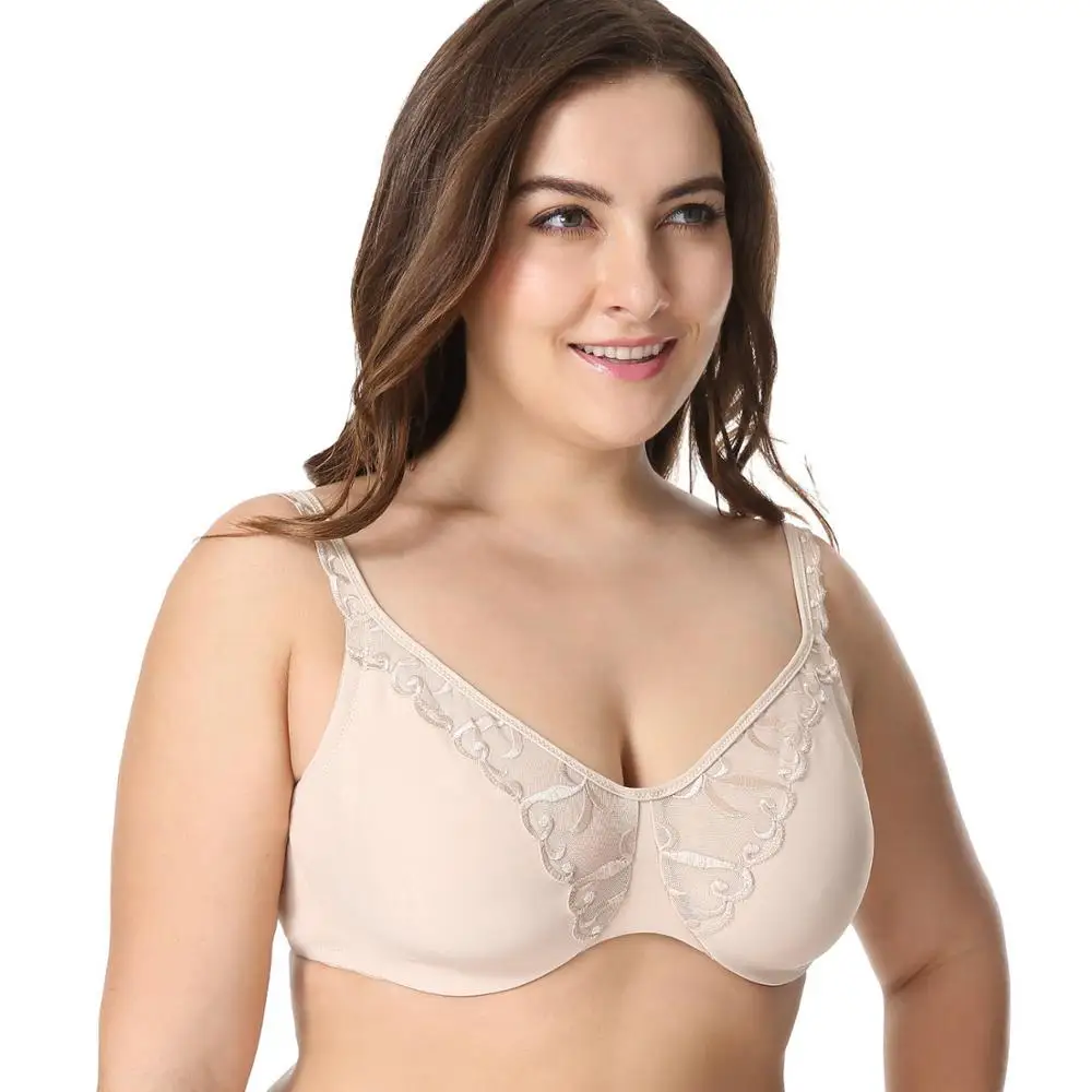 

Women Non-padded Underwire Plus Size Full Coverage Embroidered Minimizer Bra 75 80 85 90 95 C D DD E F