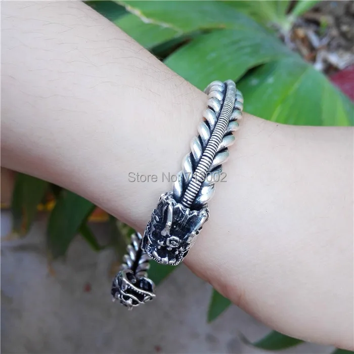 Vintage Fine Tibetan Silver Two Dragon Head Bracelet Bangle