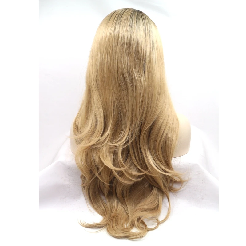 Sylvia Synthetic Lace Front Wig Ombre Blonde Body Wavy  Brown Roots Heat Resistant Fiber Hair Wig  For Women Side Part