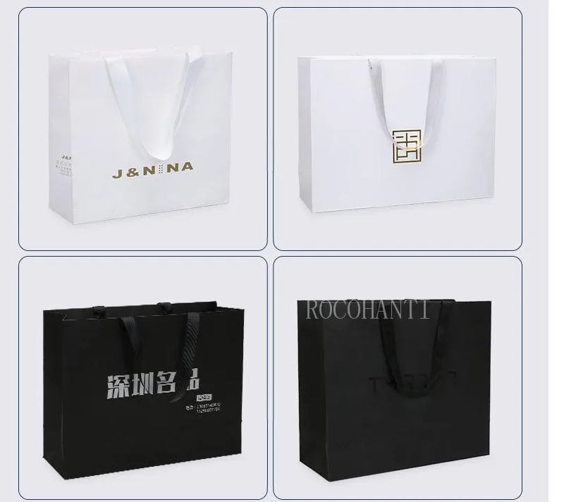 50pcs Custom Logo Paper Shopping Bag With Ribbon Handle for Clothing Gift Packaging Bag Sacola De Papel