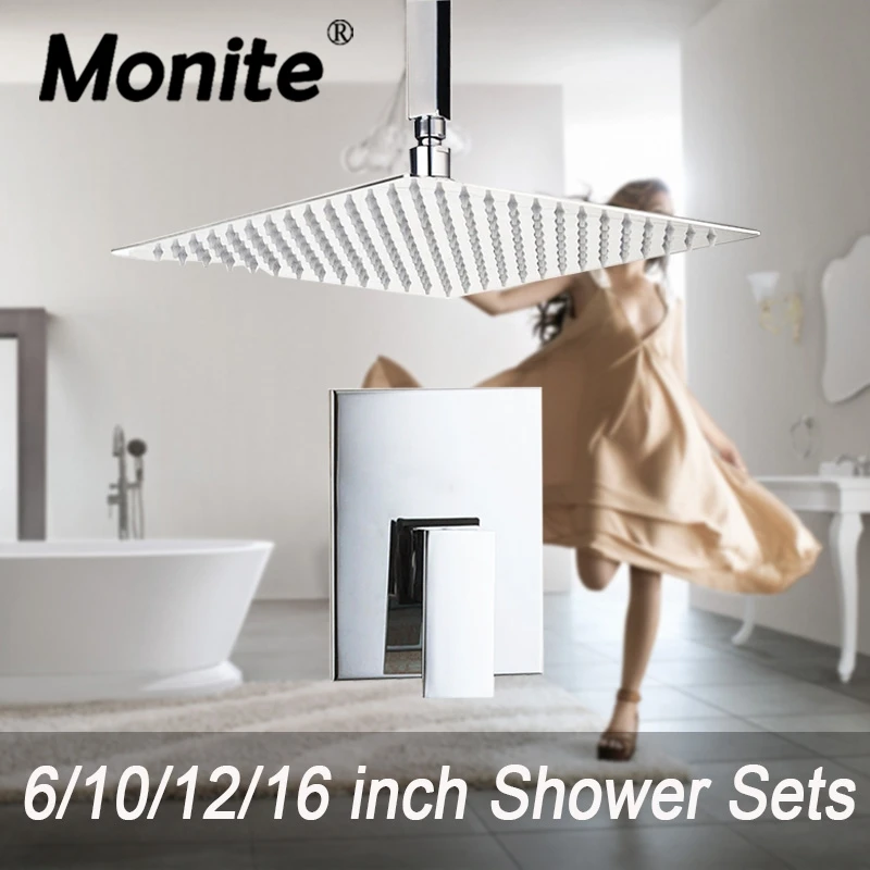 Monite 6 8 10 12 Inch Ceiling Mount Ultra-thin Rainfall Wall Mount Bathroom Shower Head Control Valve Mixer Tap Shower Set