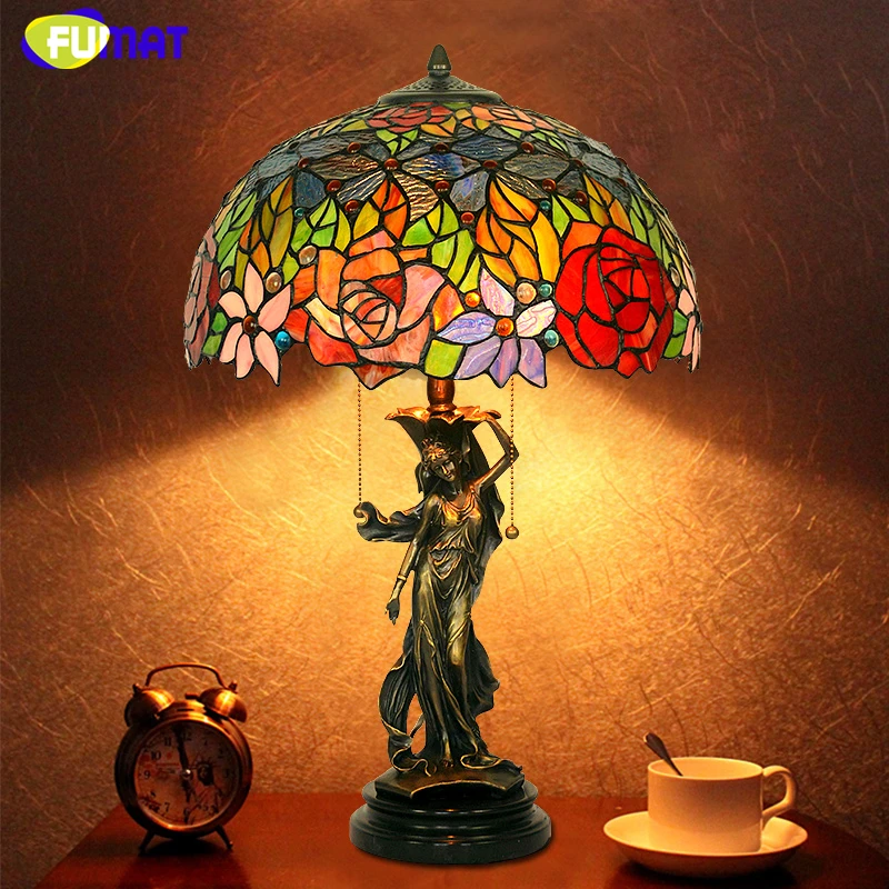 FUMAT Glass Art Table Lamp European Style Copper Stained Glass Lamp For Living Room Light Fixtures Bedroom Bedside Table Lamp