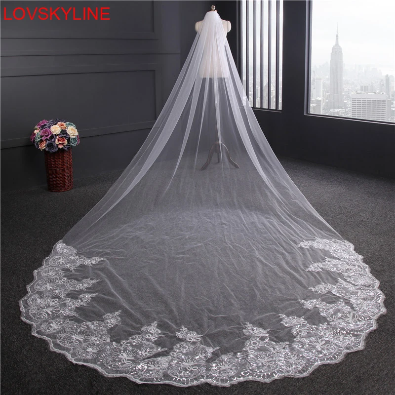 

Hot Real Photo 4 Meter White Ivory Lace Sequins Cathedral Wedding Veils Long One Layer Bridal Veil with Comb Velo De Matrimonio