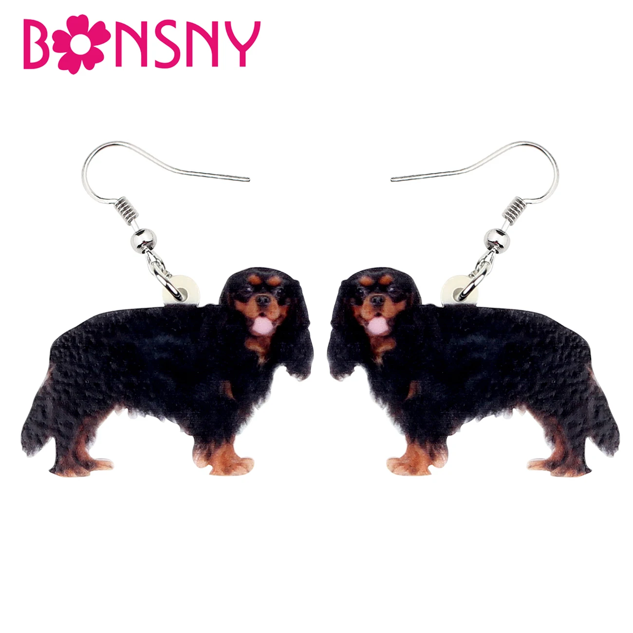 Bonsny Acrylic Black&Tan King Charles Spaniel Dog Earrings Big Drop Dangle Cute Animal Jewelry Gift For Women Girls Pet Lovers