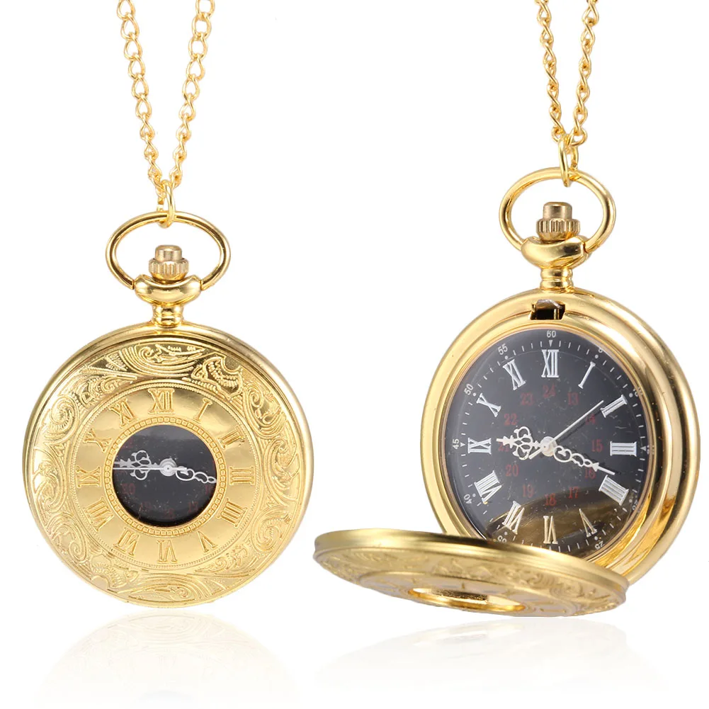 

Men Women Quartz Pocket Watch Golden Rome Number Carved Case Big Dial with Chain LL@17