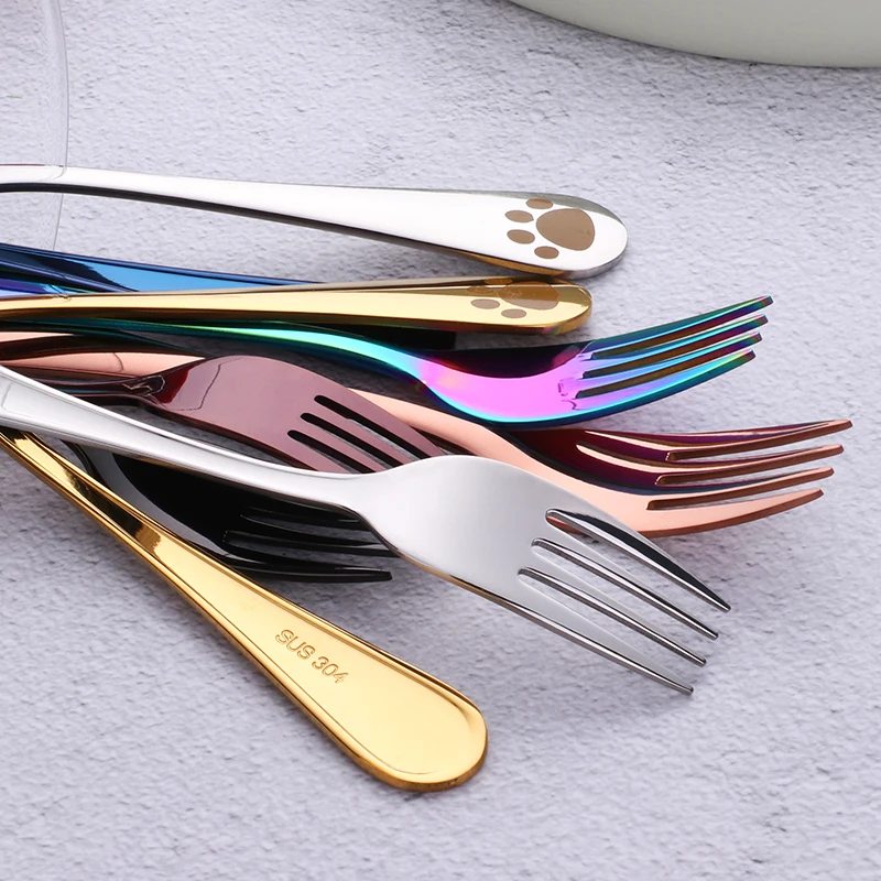 1Pc Children Fork Food Grade Stainless Steel Forks Gold For Fruit Salad Small Round Handle Dinnerware Useful Kids Eating Tools