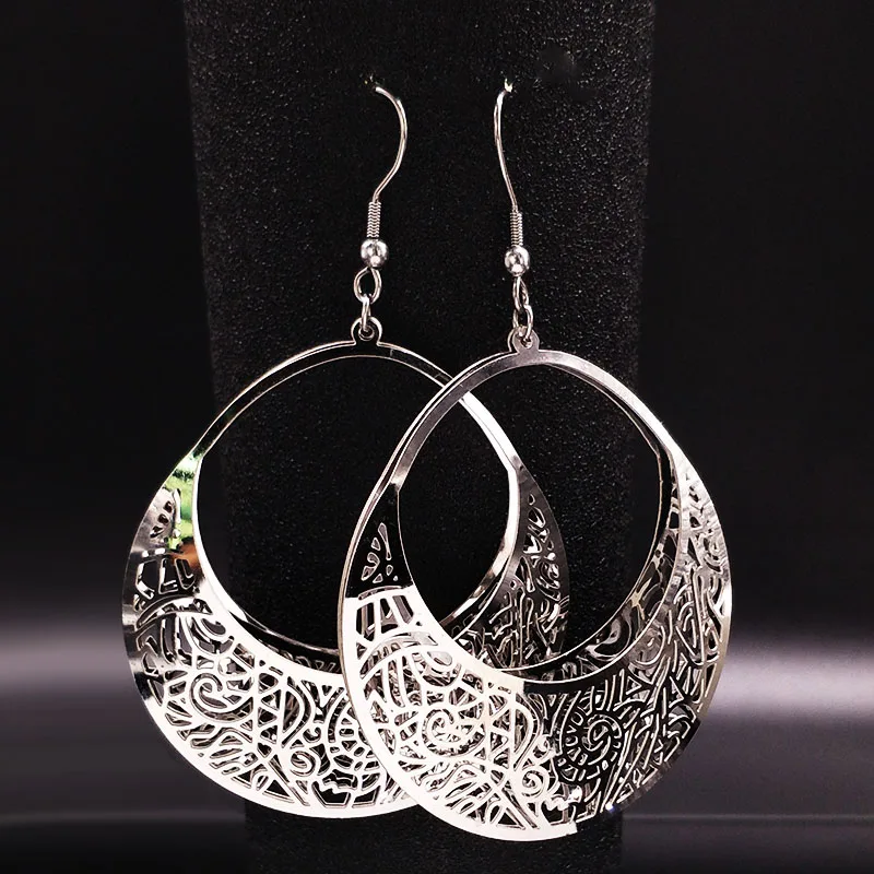 Fashion Big Stainless Steel Drop Earrings for Women Jewelry Silver Color Flower Statement Earrings aretes largos E1653S01