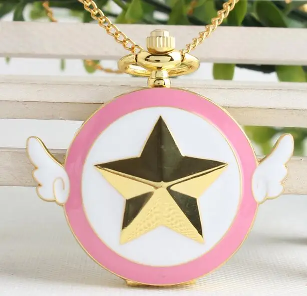 NEW Gold Tone Cartoon Anime Cardcaptor Sakura Star Wing Pocket Watch,Dia 4 cm OKL52