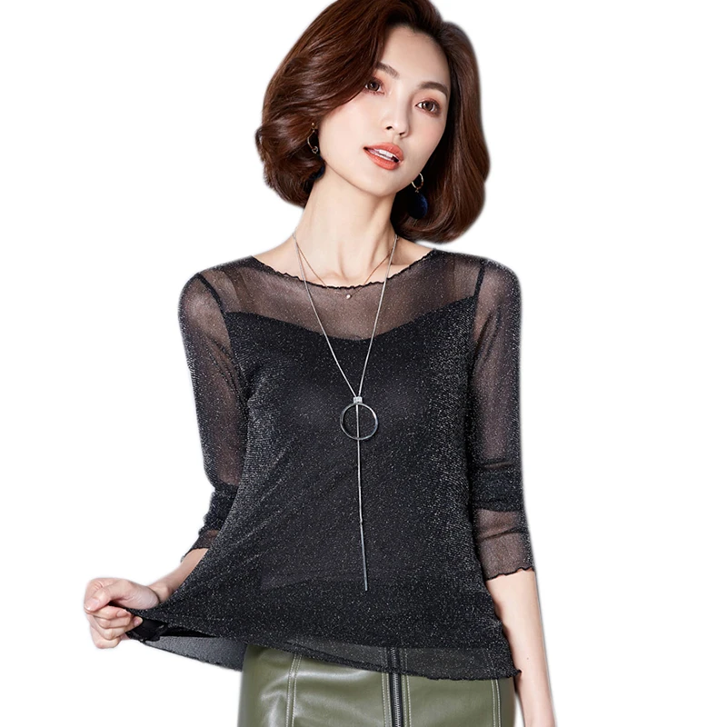 2024 Glitter Mesh Blouse Sexy Womens Shirts Long Sleeve Tops Korean Black Pink O-Neck Elegant Slim Blouse Camisas Femininas