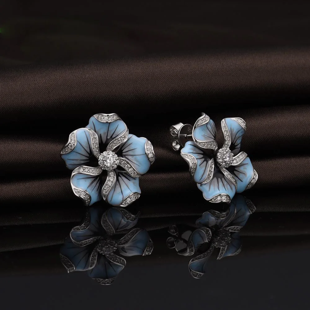 New Elegant Ladies Shiny Zircon Crystal Blue Lotus Tree Stud Earrings Wedding Jewelry Gifts image 5