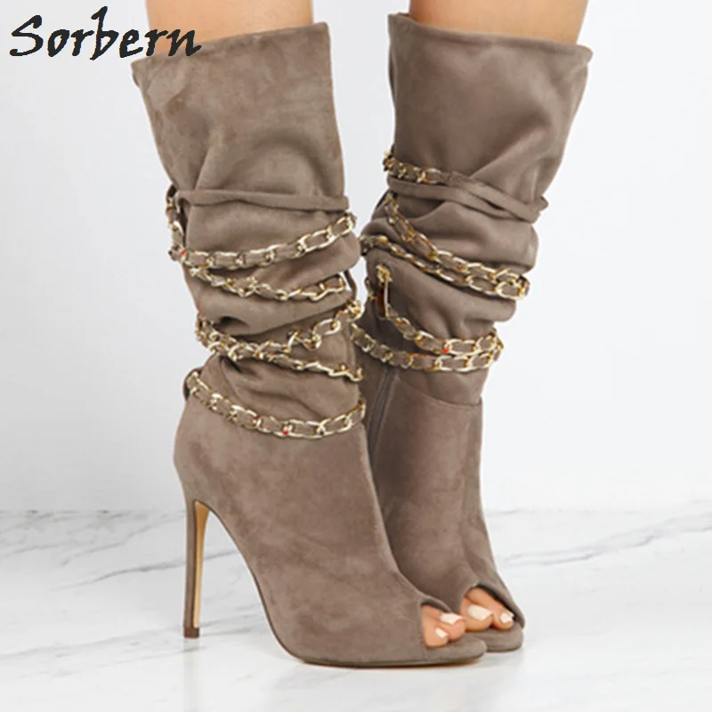 

Sorbern Fashion Mid Calf Boots Women Open Toe Gold Chains High Heel Stilettos Shoe Women Long Boots Designer Brand Luxury Women