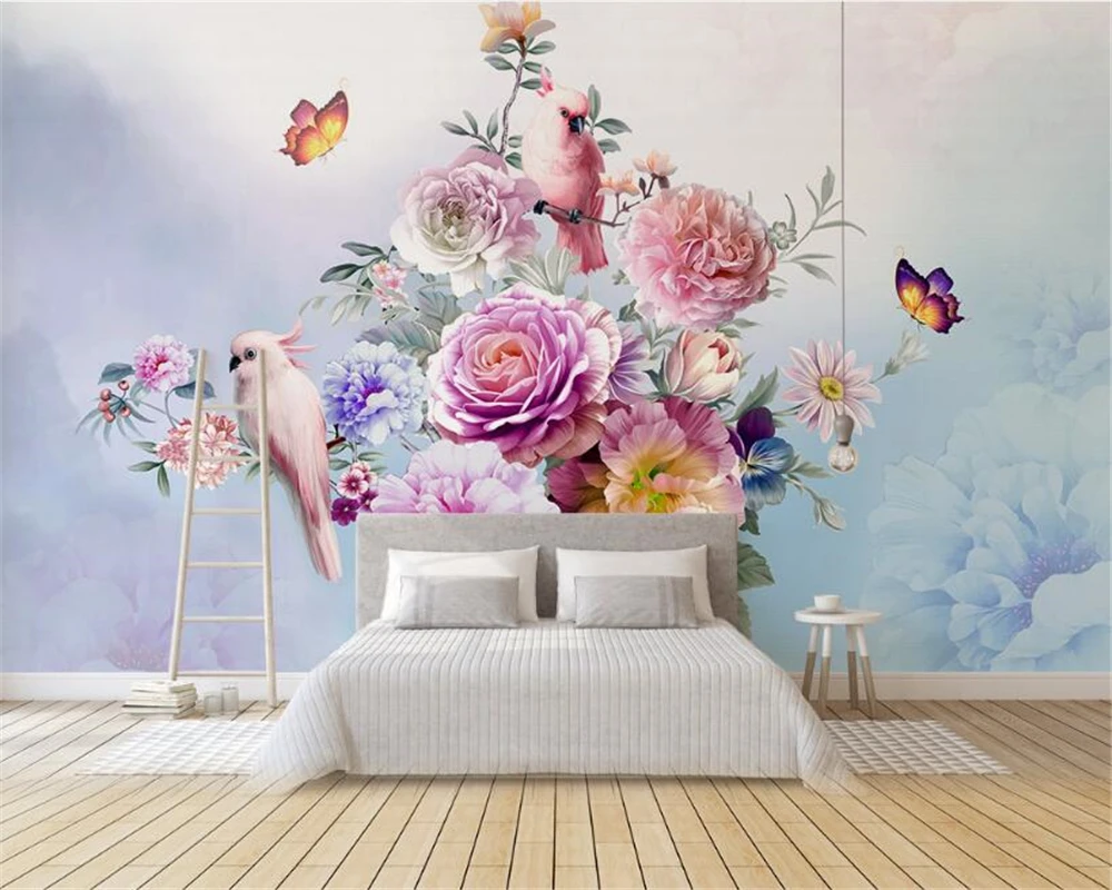 

beibehang Fashion custom beautiful silk cloth wallpaper hand-painted vintage rose parrot background papel de parede wall paper