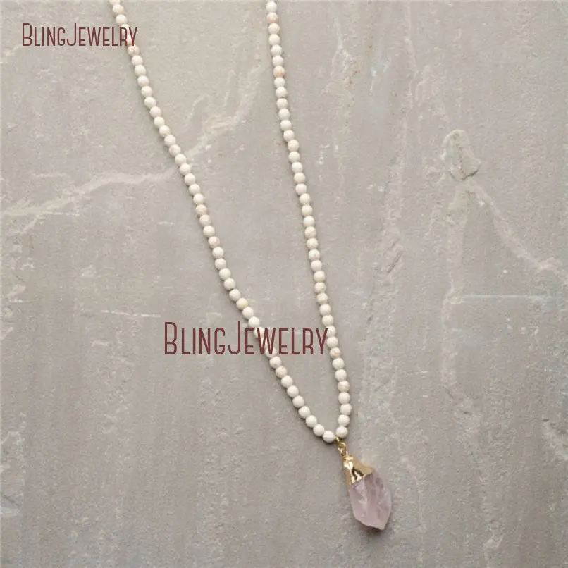 Boho Jewelry Long Stone Howlite Beads Necklace Raw Rose Pink Quartz Pendant  NM22319