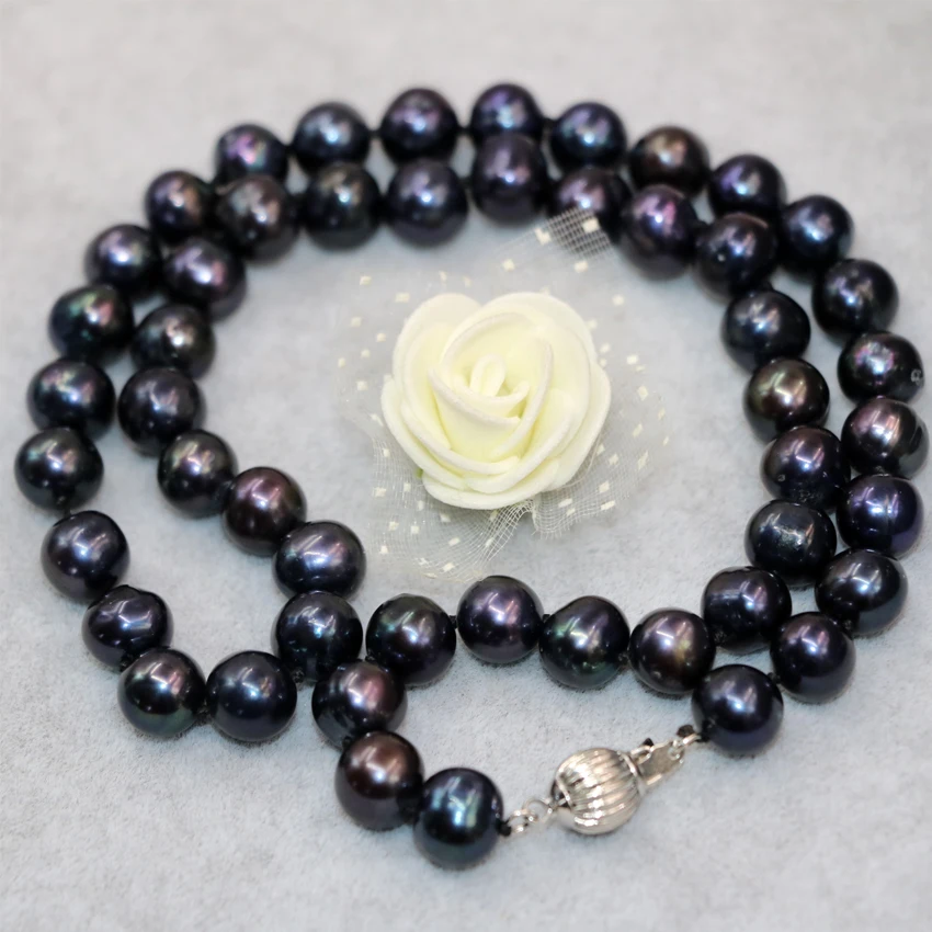 Wholesale price elegant 9-10mm natural freshwater cultured black pearl approx round beads necklace women jewelry B18inch B3021