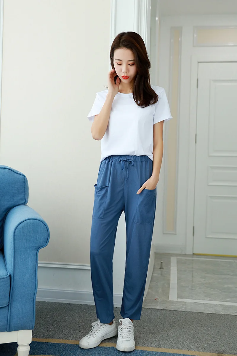 Womens Spring Summer Harem Pants Cotton Linen Solid Elastic waist Candy Colors Harem Trousers Soft high quality for Female ladys